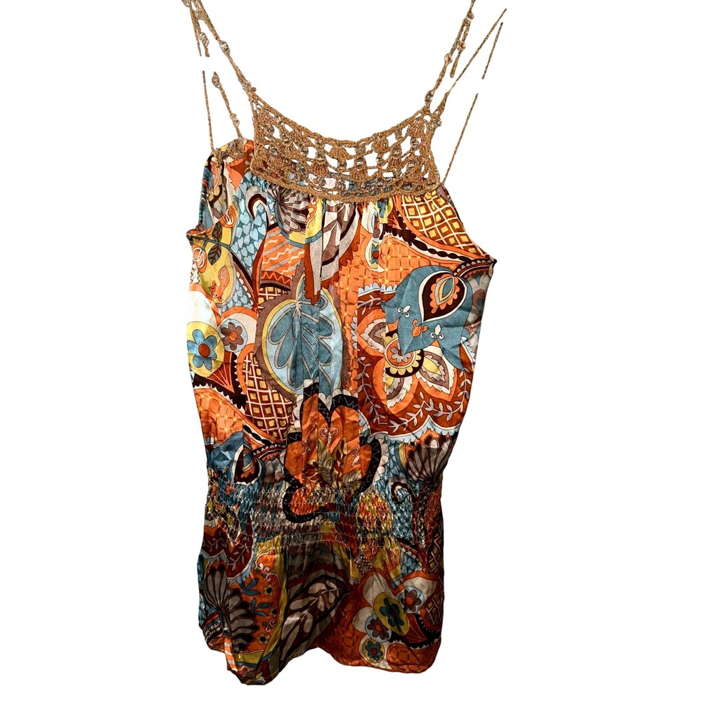 Anna Paul Silk Camisole Top XS Orange‎ Blue Paisley Crochet Beaded 2024B67